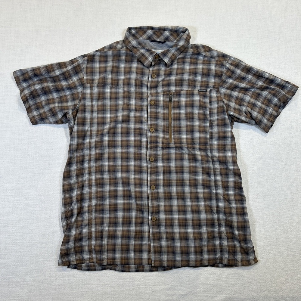 Columbia Shirt Mens Brown Plaid Button Up Short Sleeve Large Zipper Pockets Vent